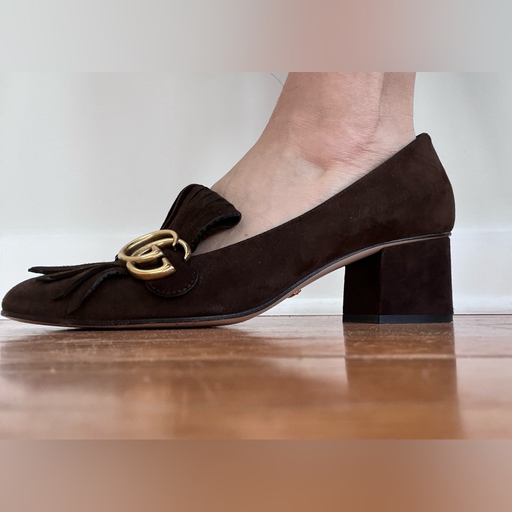 Gucci Marmont Chocolate Brown Suede Loafers with Gold GG Logo Hardware